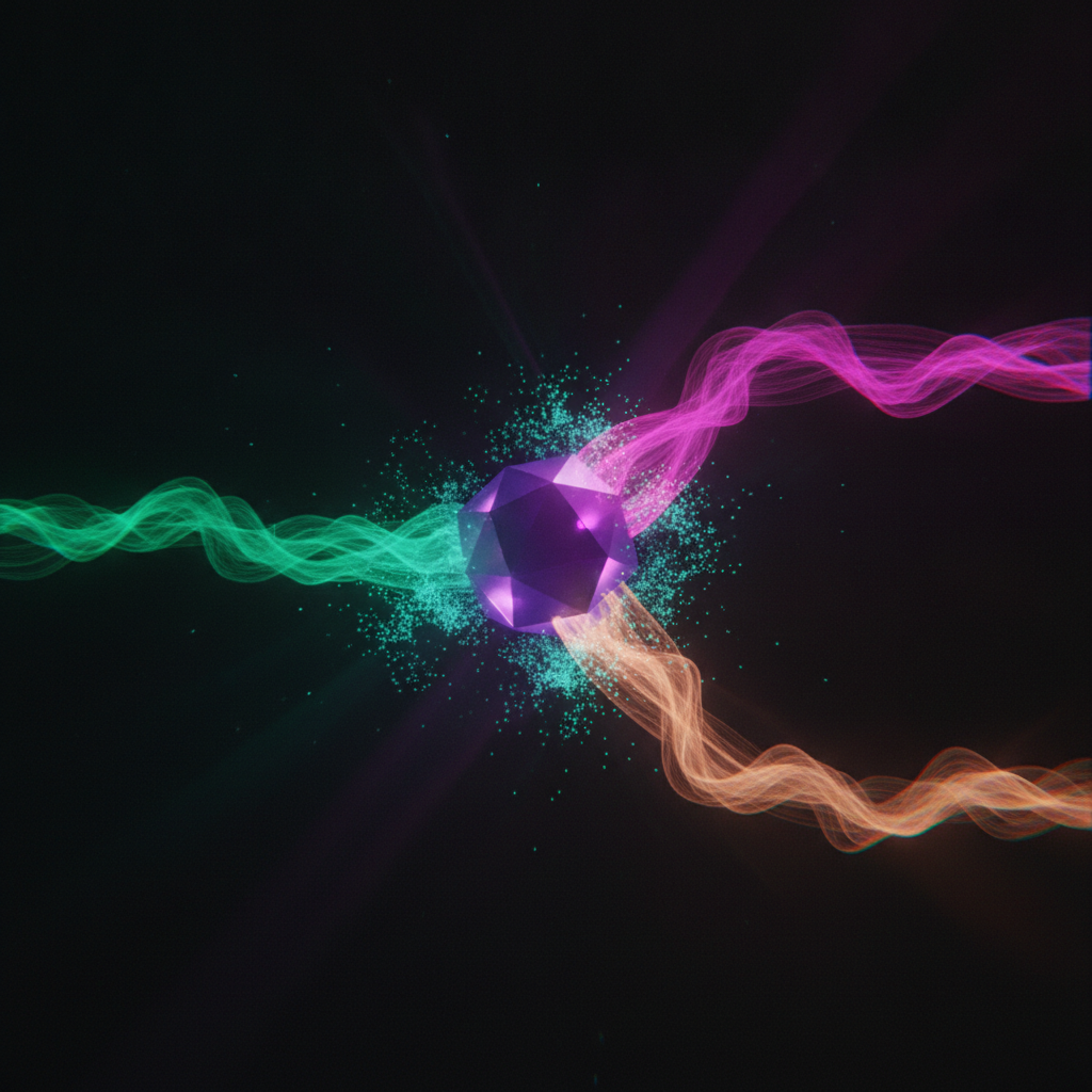 Três fluxos de luz convergindo num núcleo cristalino violeta — representação visual de um agente de IA único atravessando WhatsApp, Instagram e e-mail.