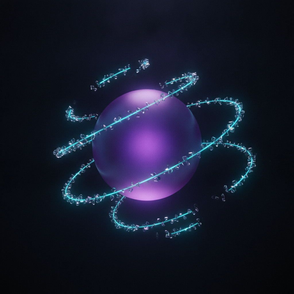 Ilustração editorial de esfera violeta translúcida orbitada por fitas de luz ciano, simbolizando canais de cobrança convergindo pra resolver um pagamento
