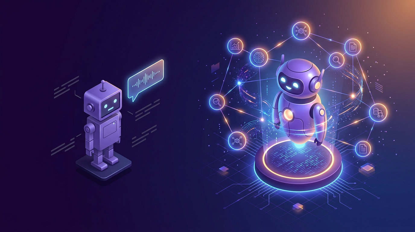 Comparação entre um chatbot de roteiro fixo e um agente de IA autônomo