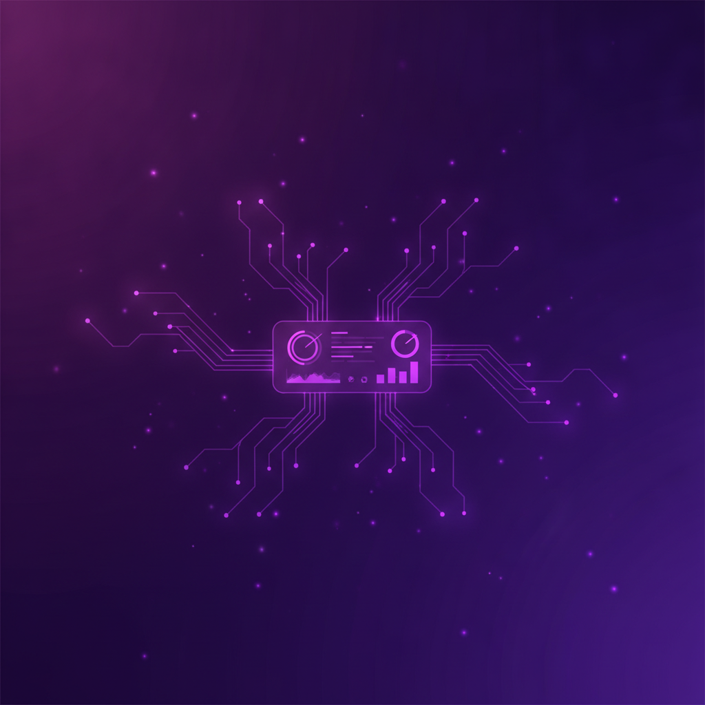 Ilustração editorial de uma rede de nós de dados violeta convergindo num painel abstrato com indicadores e gráficos