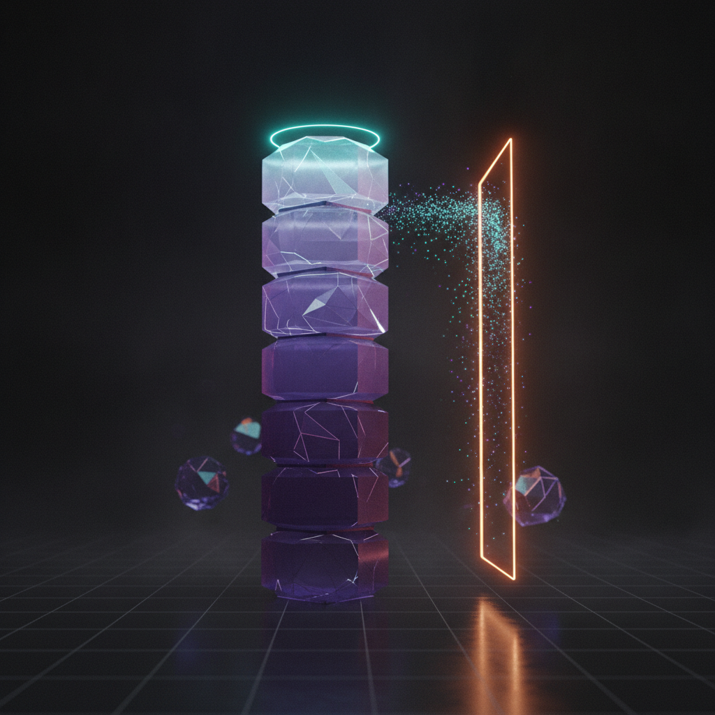 Torre de camadas cristalinas violetas empilhadas com halo ciano na versão superior, ao lado de um portal luminoso âmbar, representando controle de versões de um agente de IA em produção