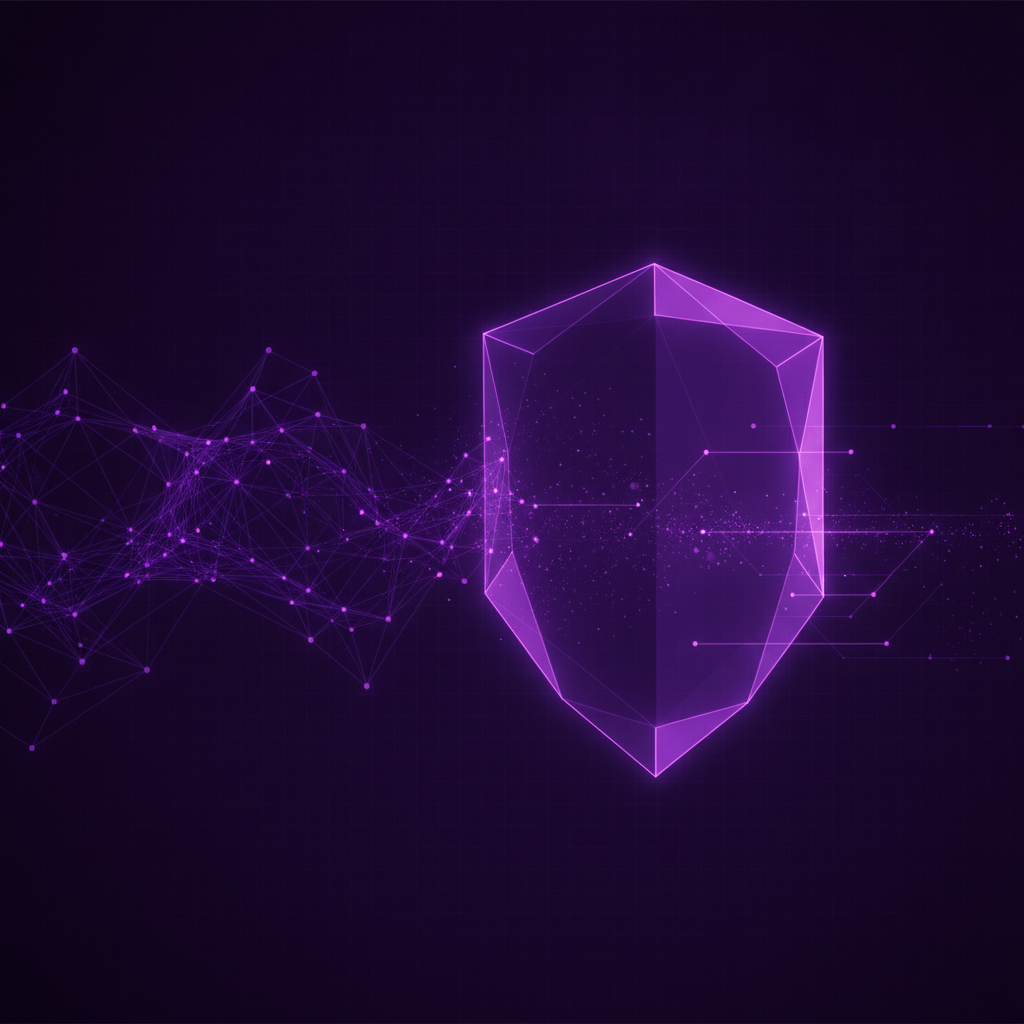 Ilustração tecnológica abstrata em violeta: rede de nós luminosos fluindo para um escudo geométrico de cristal, metáfora visual de governança e proteção de IA.