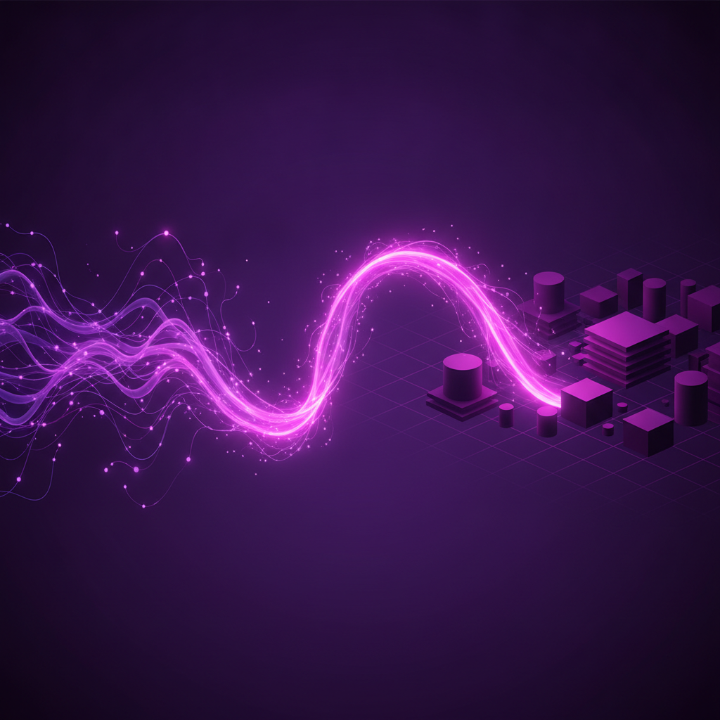 Ilustração editorial abstrata em violeta mostrando uma rede de nós luminosos convergindo em uma grade de blocos geométricos, representando a integração entre um agente de IA e um sistema ERP.