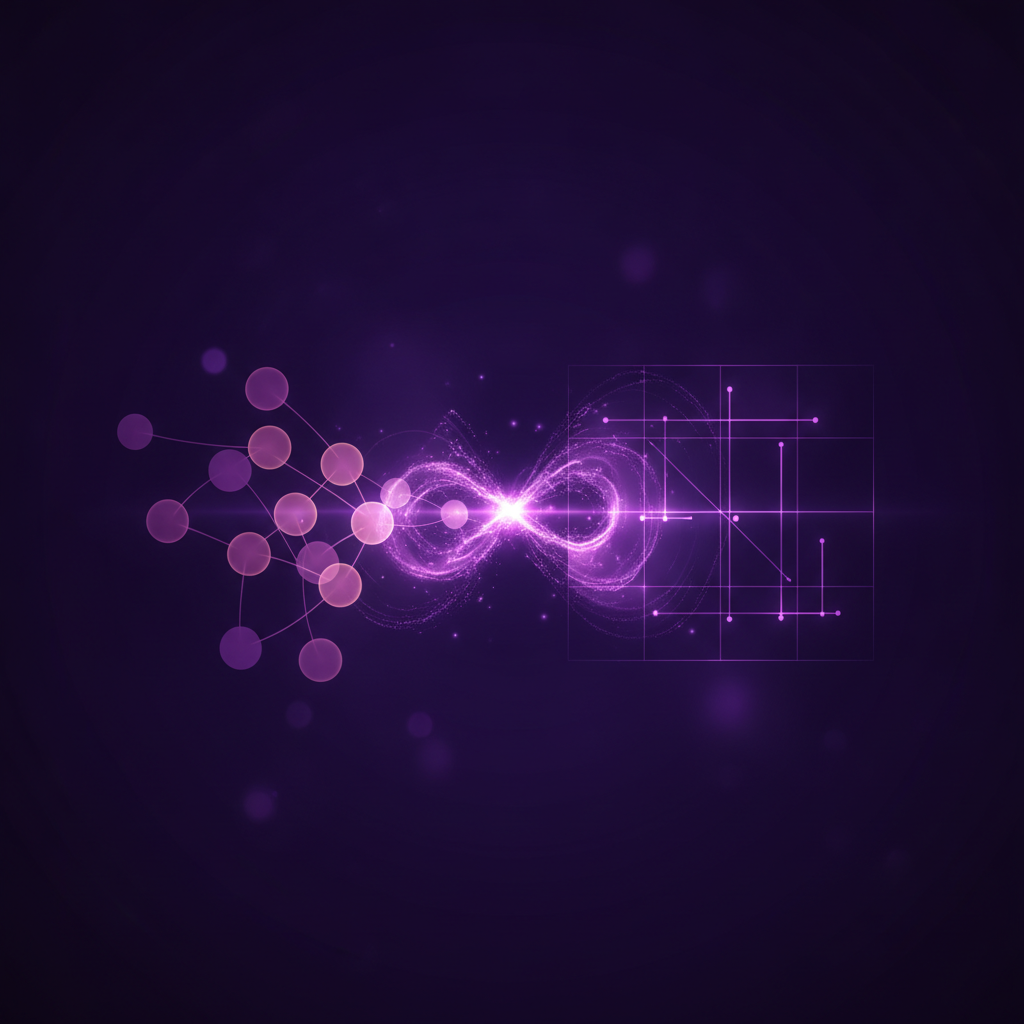 Rede orgânica de nós conectada a uma grade geométrica por um fluxo de partículas violeta — metáfora visual de time humano colaborando com agente de IA