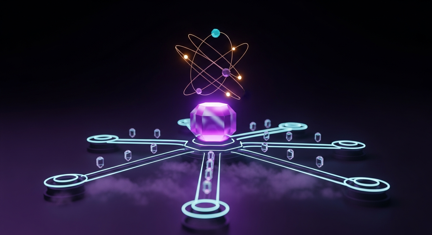 Hub hexagonal violeta com cinco trilhas cyan de roteamento saindo pra baias distintas, três anéis orbitais com pulsos âmbar acima simbolizando prazos de SLA
