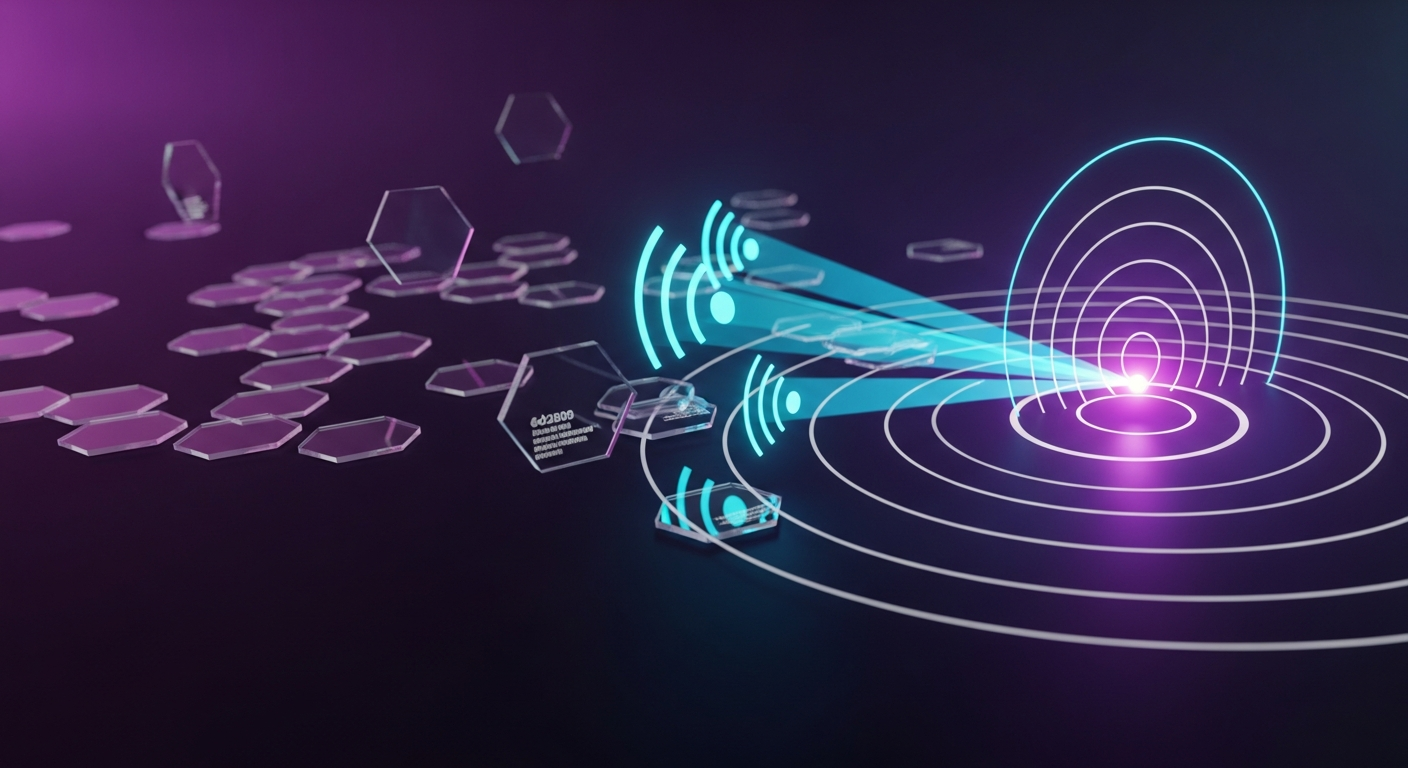 Radar de sinais capturando e qualificando leads B2B em um fluxo de luz sobre fundo violeta escuro