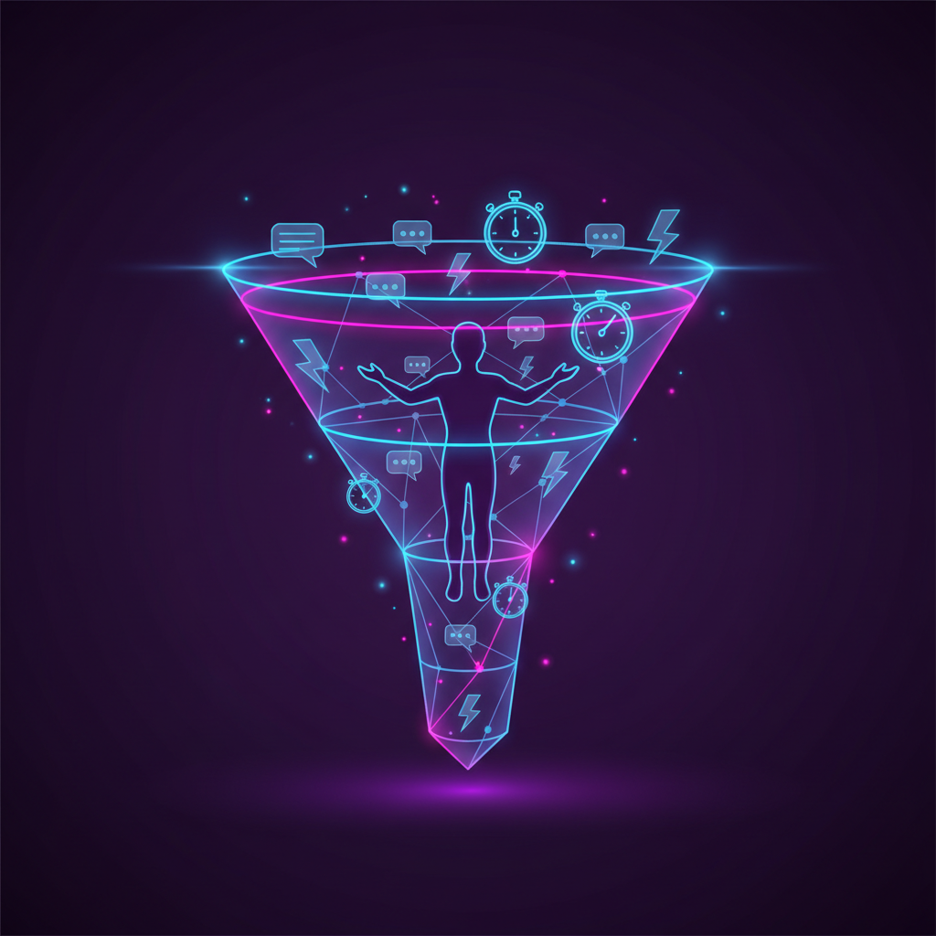Ilustração editorial em tons violeta mostrando funil de leads conectado a um agente de IA respondendo em segundos no WhatsApp